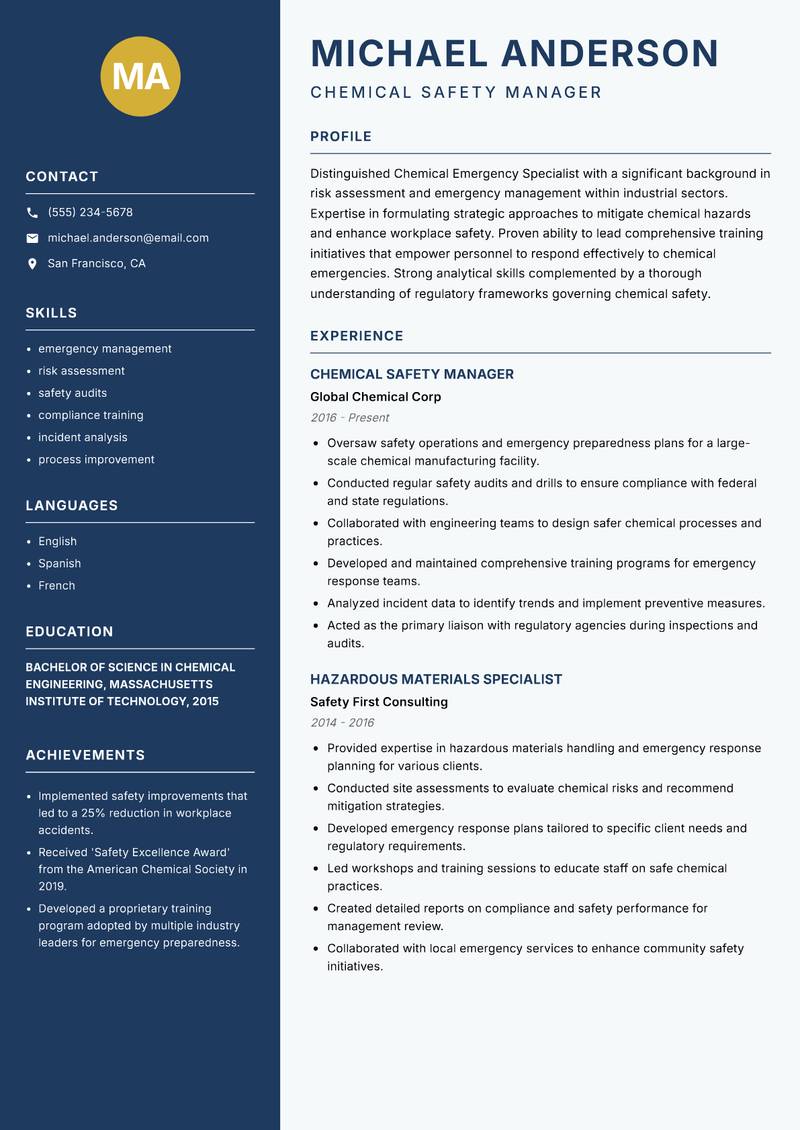 Chemical Emergency Specialist Resume Preview Example