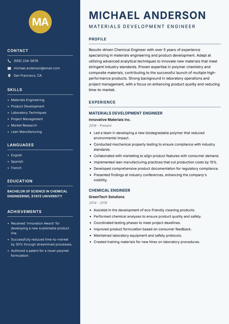 Chemical Engineer Resume Preview Example