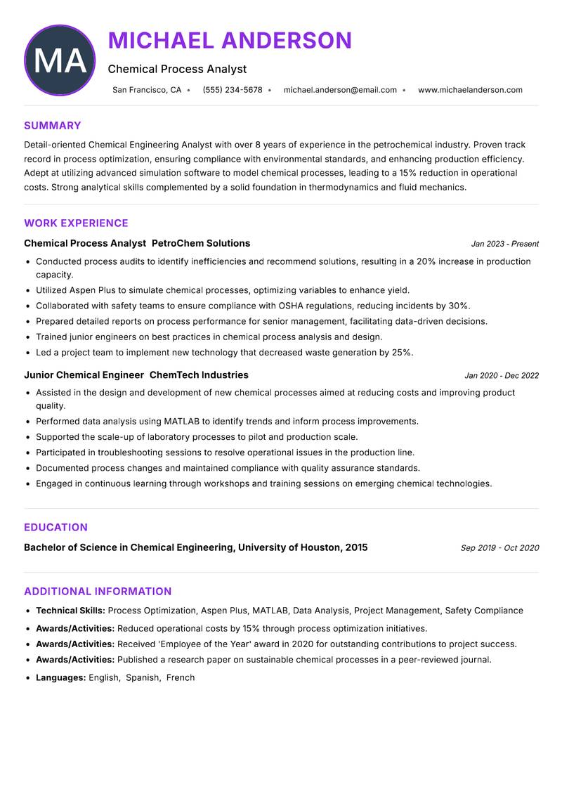 Chemical Engineering Analyst Resume Preview Example