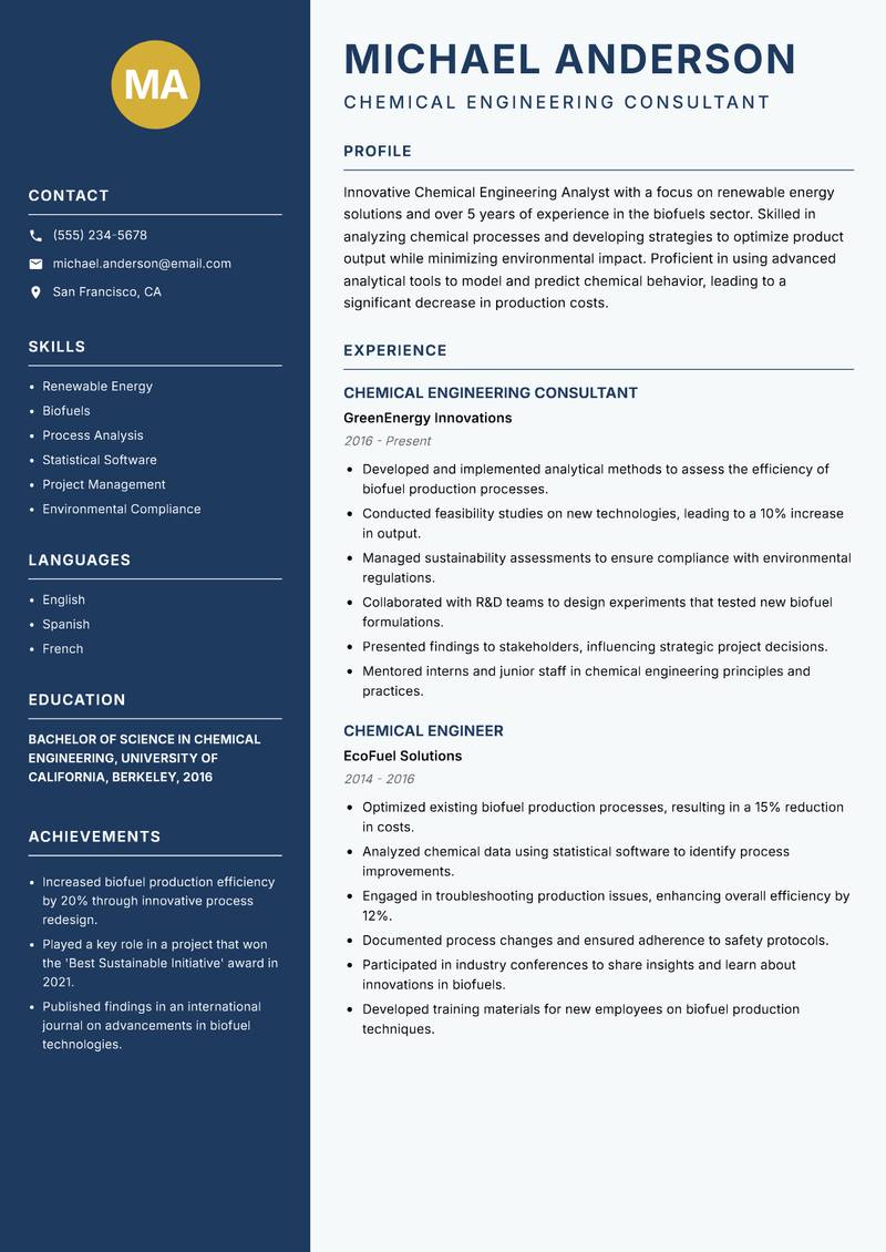 Chemical Engineering Analyst Resume Preview Example
