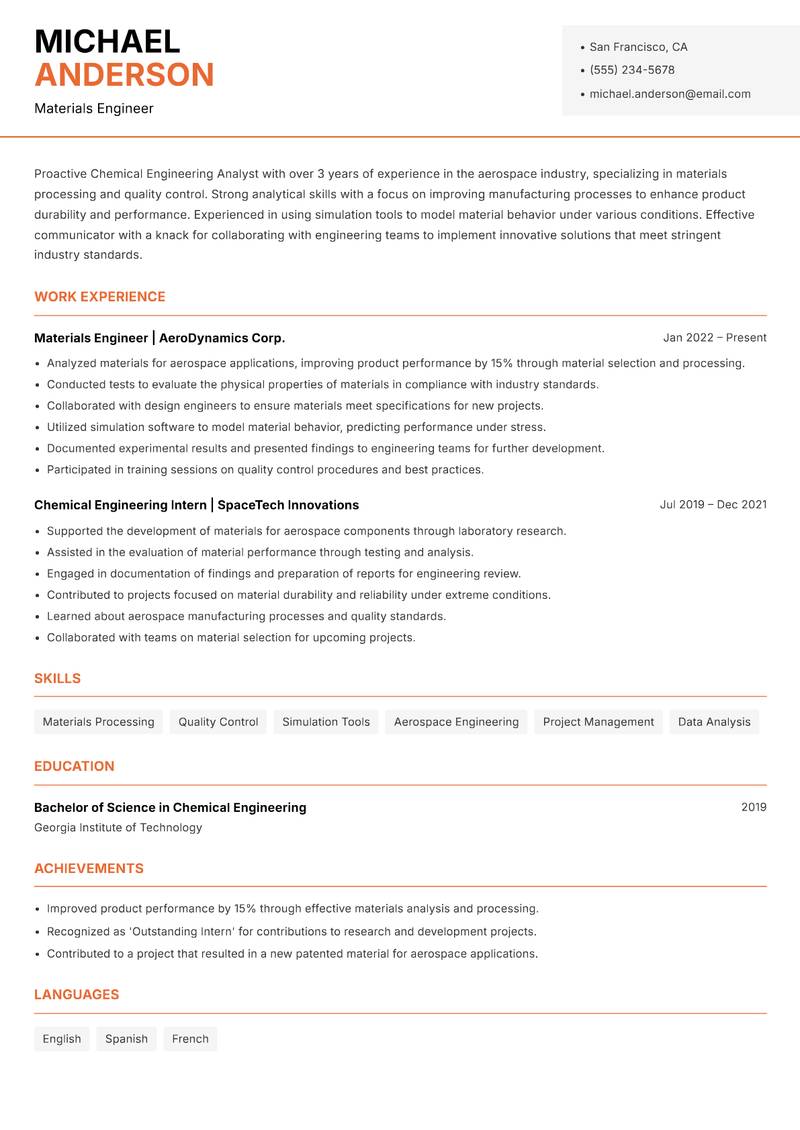 Chemical Engineering Analyst Resume Template