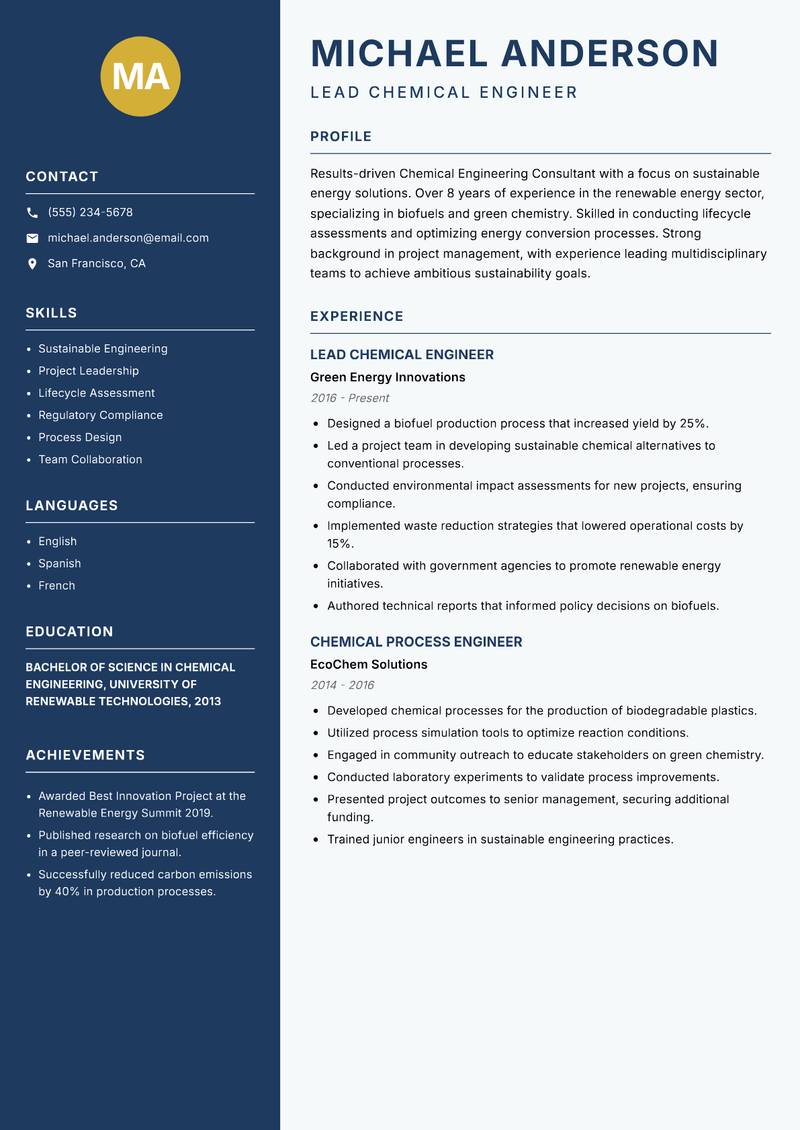 Chemical Engineering Consultant Resume Preview Example