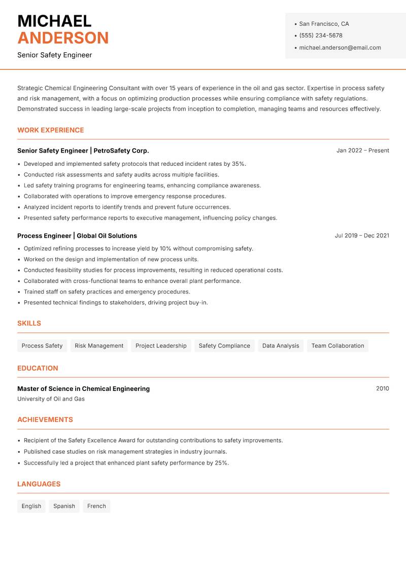 Chemical Engineering Consultant Resume Template