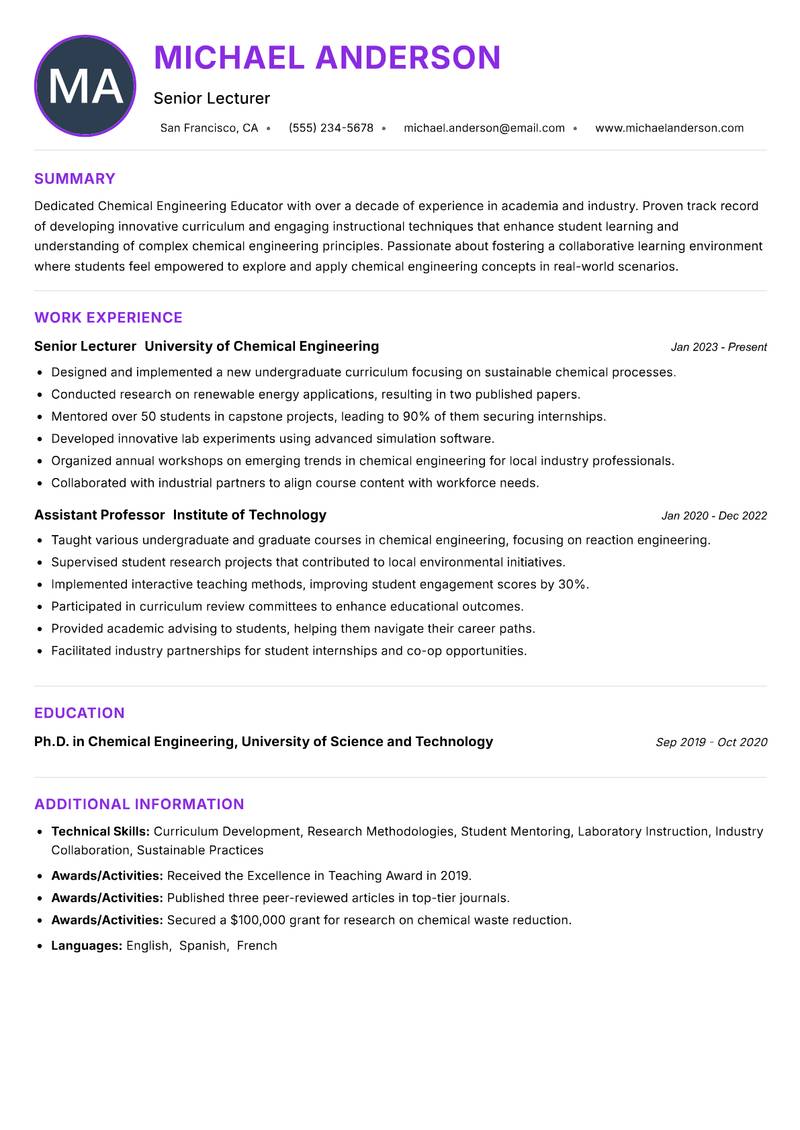 Chemical Engineering Educator Resume Preview Example
