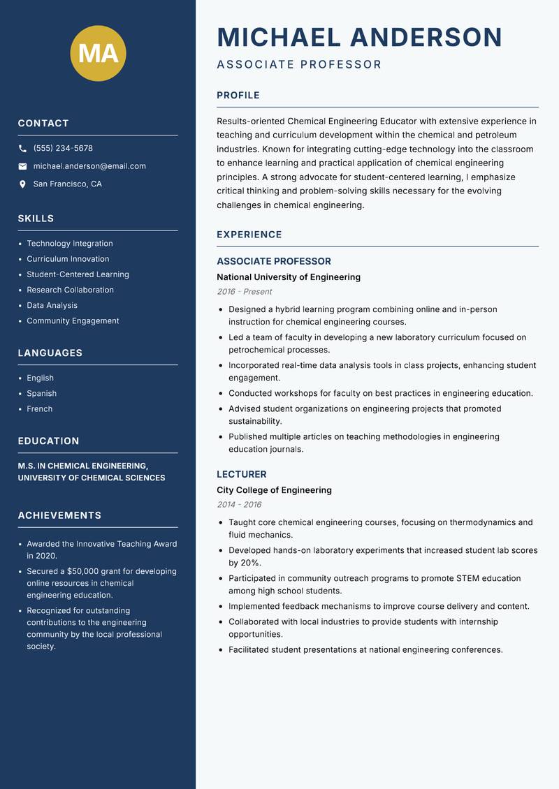 Chemical Engineering Educator Resume Preview Example