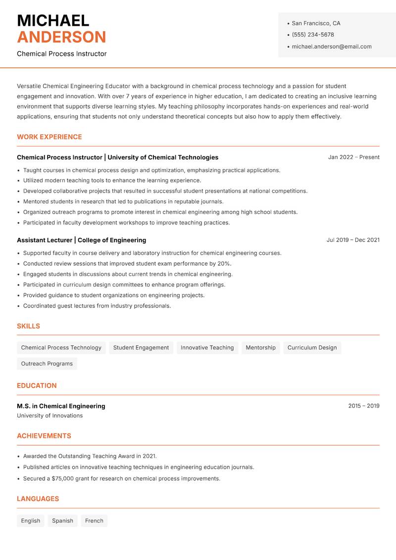 Chemical Engineering Educator Resume Template