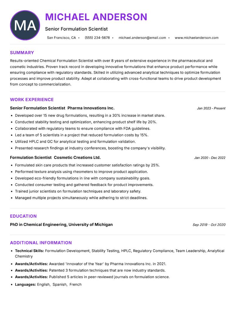 Chemical Formulation Scientist Resume Preview Example