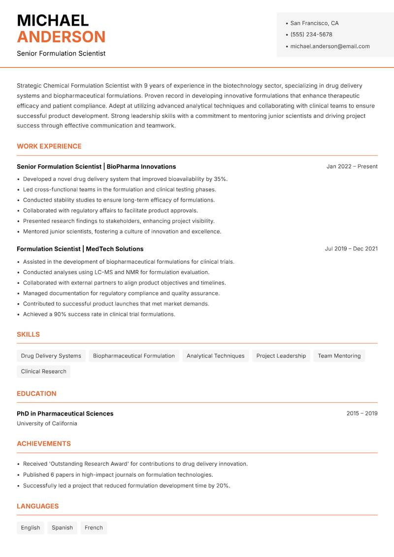 Chemical Formulation Scientist Resume Template