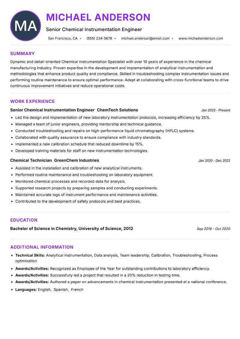 Chemical Instrumentation Specialist Resume Preview Example