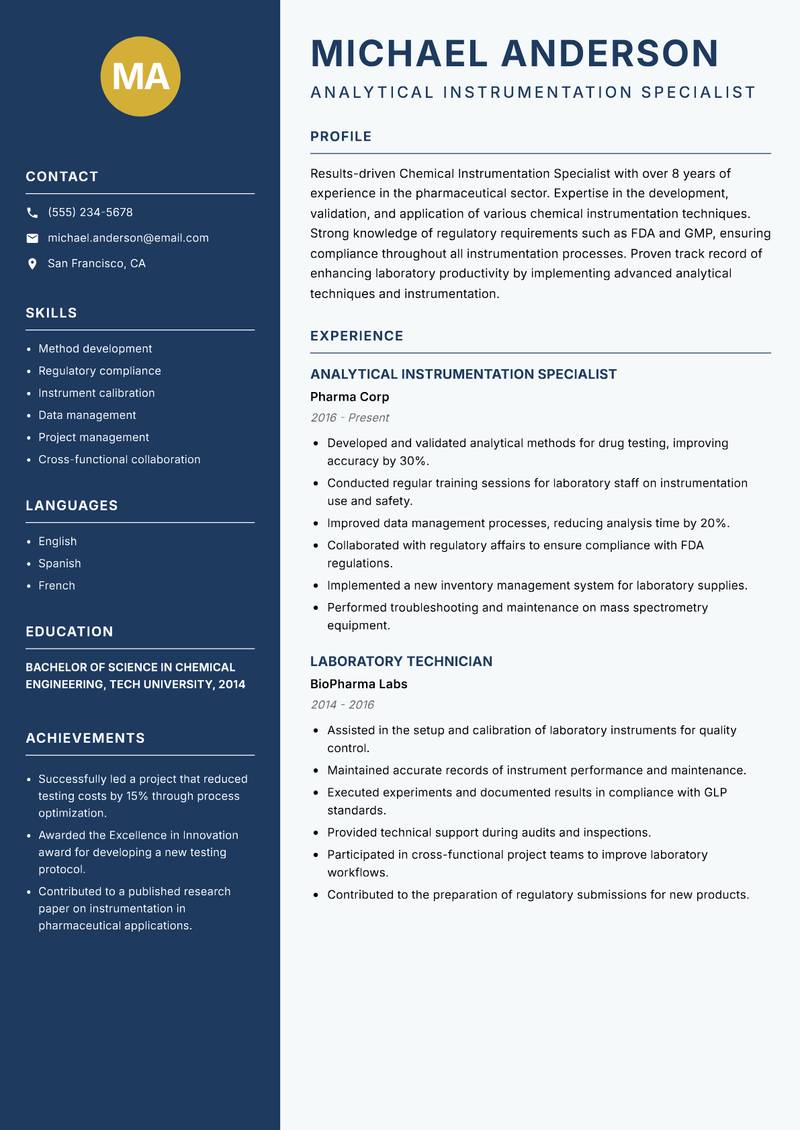 Chemical Instrumentation Specialist Resume Preview Example