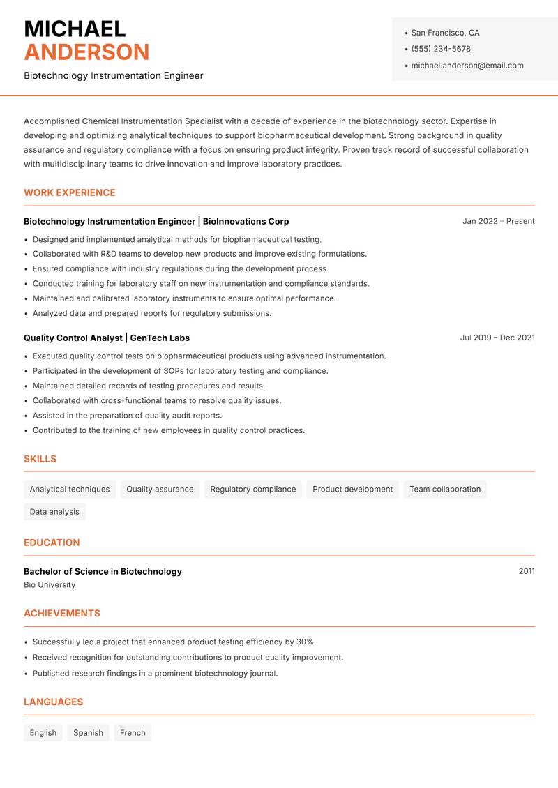 Chemical Instrumentation Specialist Resume Template