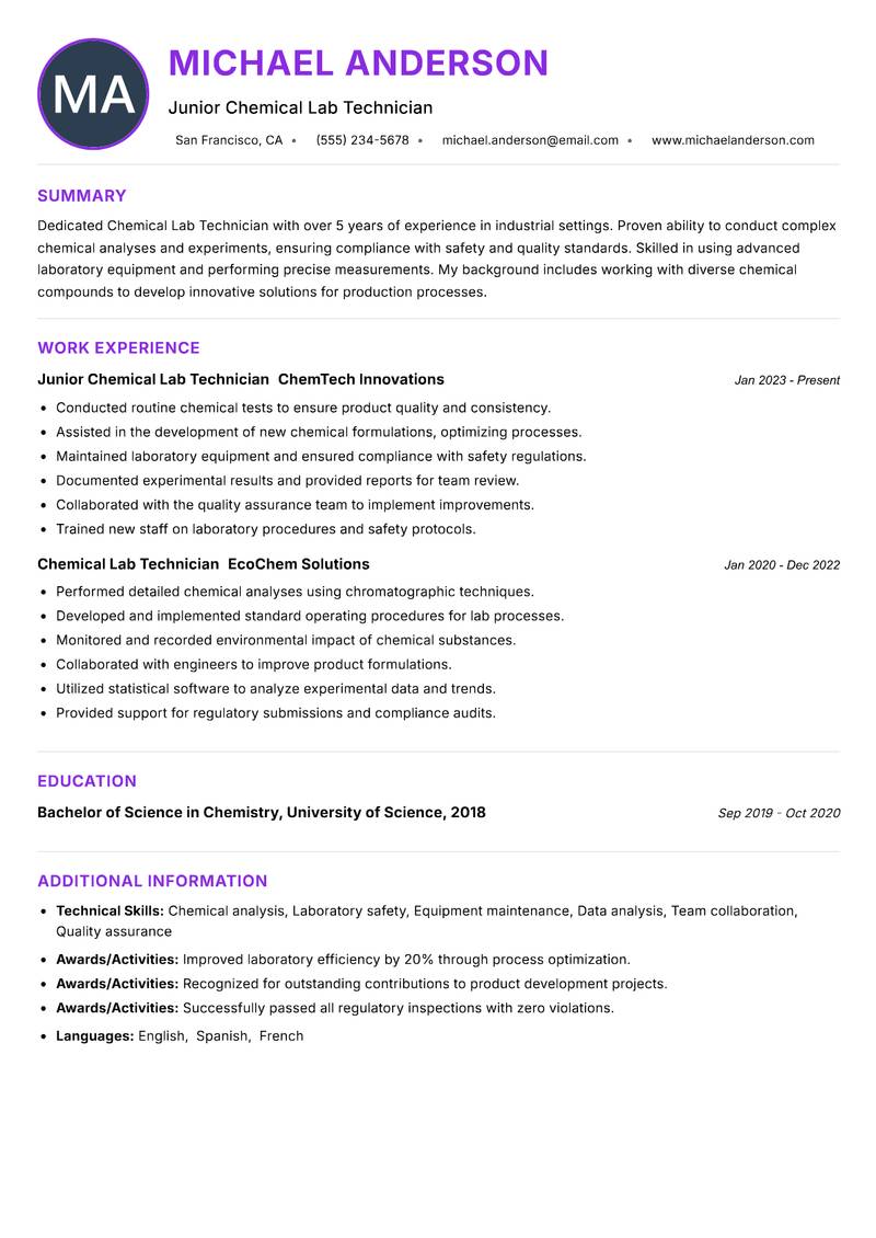 Chemical Lab Technician Resume Preview Example