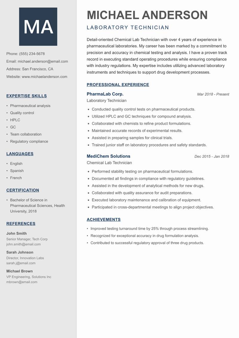 Chemical Lab Technician Resume Preview Example