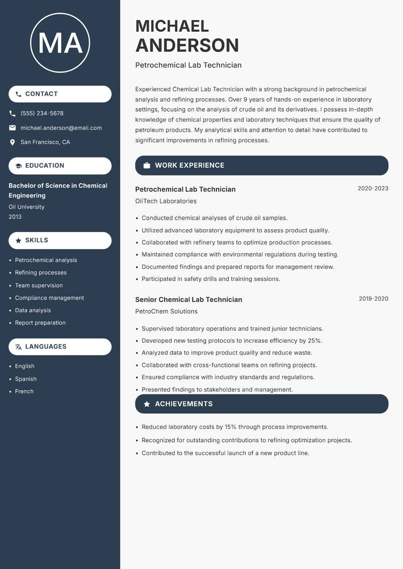 Chemical Lab Technician Resume Preview Example