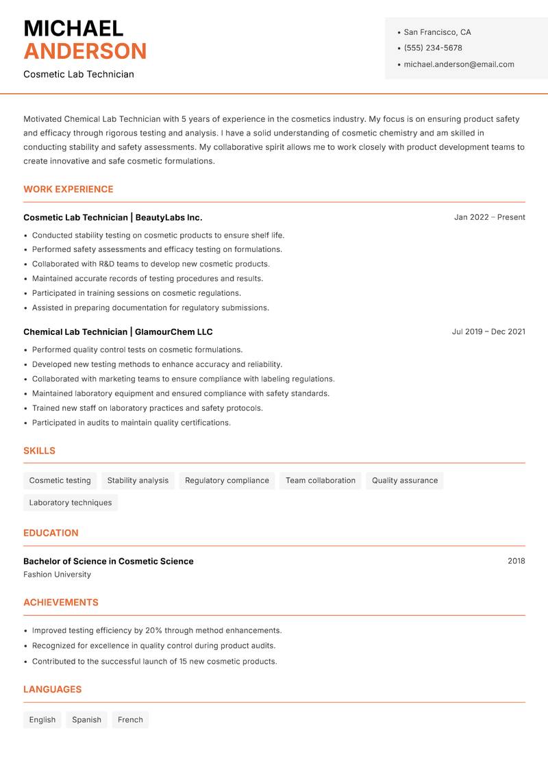 Chemical Lab Technician Resume Template