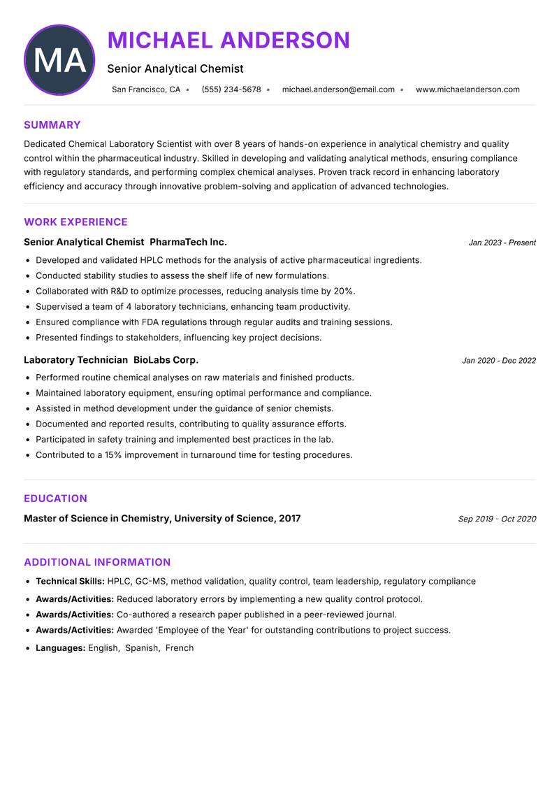 Chemical Laboratory Scientist Resume Preview Example