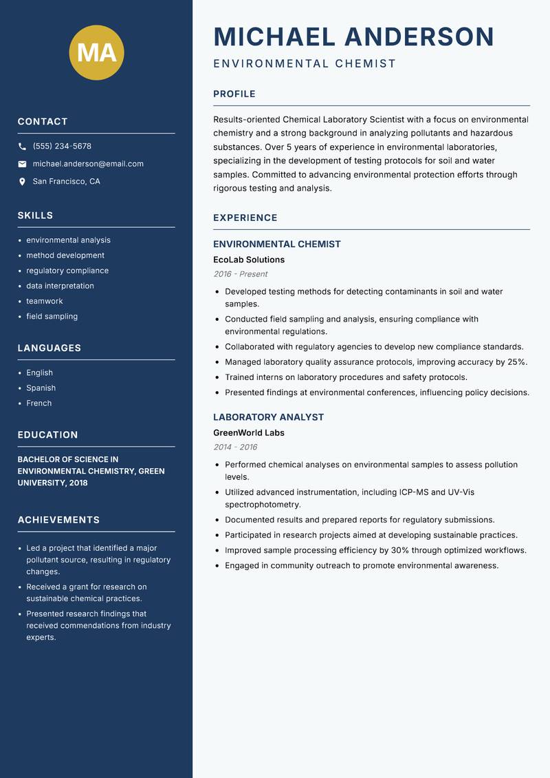 Chemical Laboratory Scientist Resume Preview Example