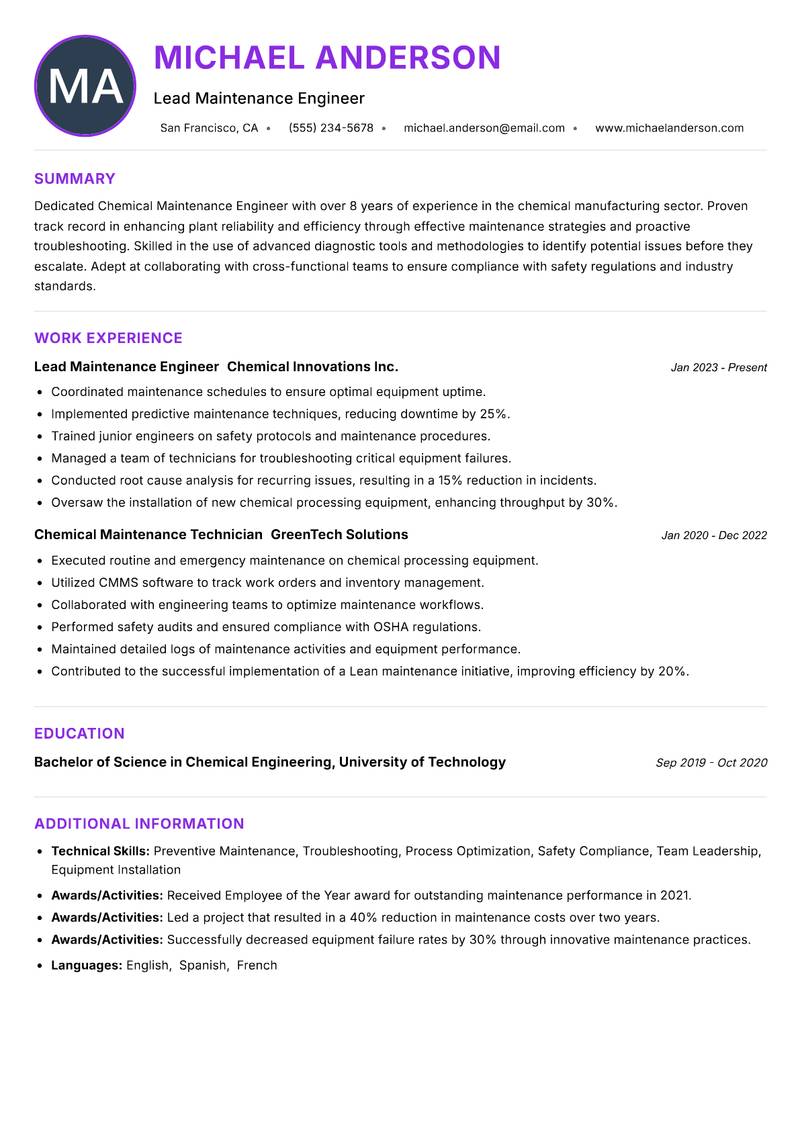 Chemical Maintenance Engineer Resume Preview Example