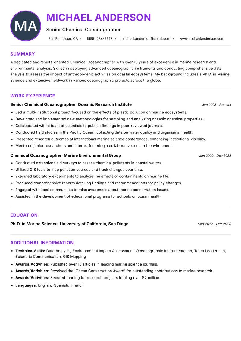 Chemical Oceanographer Resume Preview Example