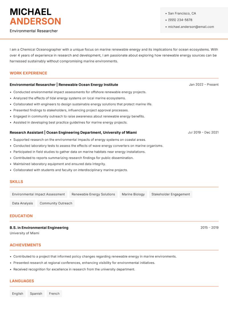 Chemical Oceanographer Resume Template