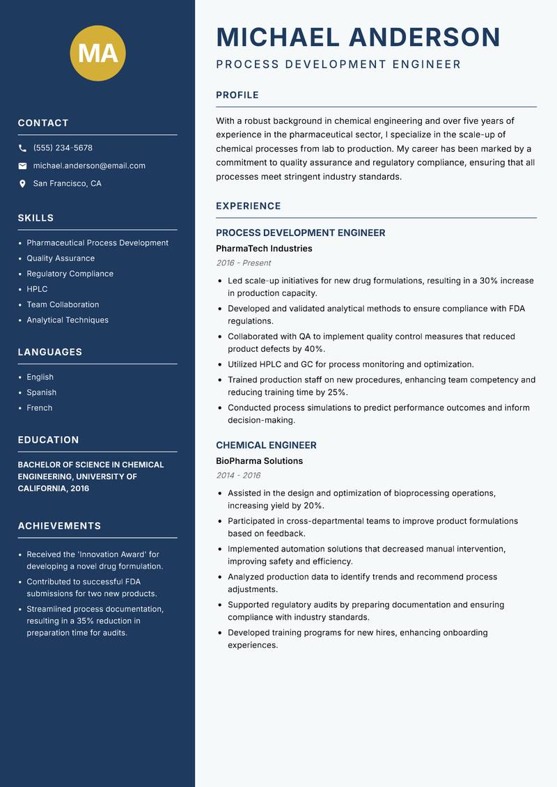 Chemical Operations Engineer Resume Preview Example