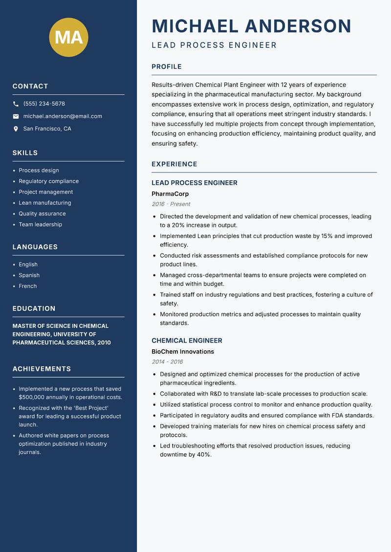 Chemical Plant Engineer Resume Preview Example