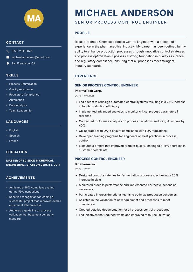 Chemical Process Control Engineer Resume Preview Example