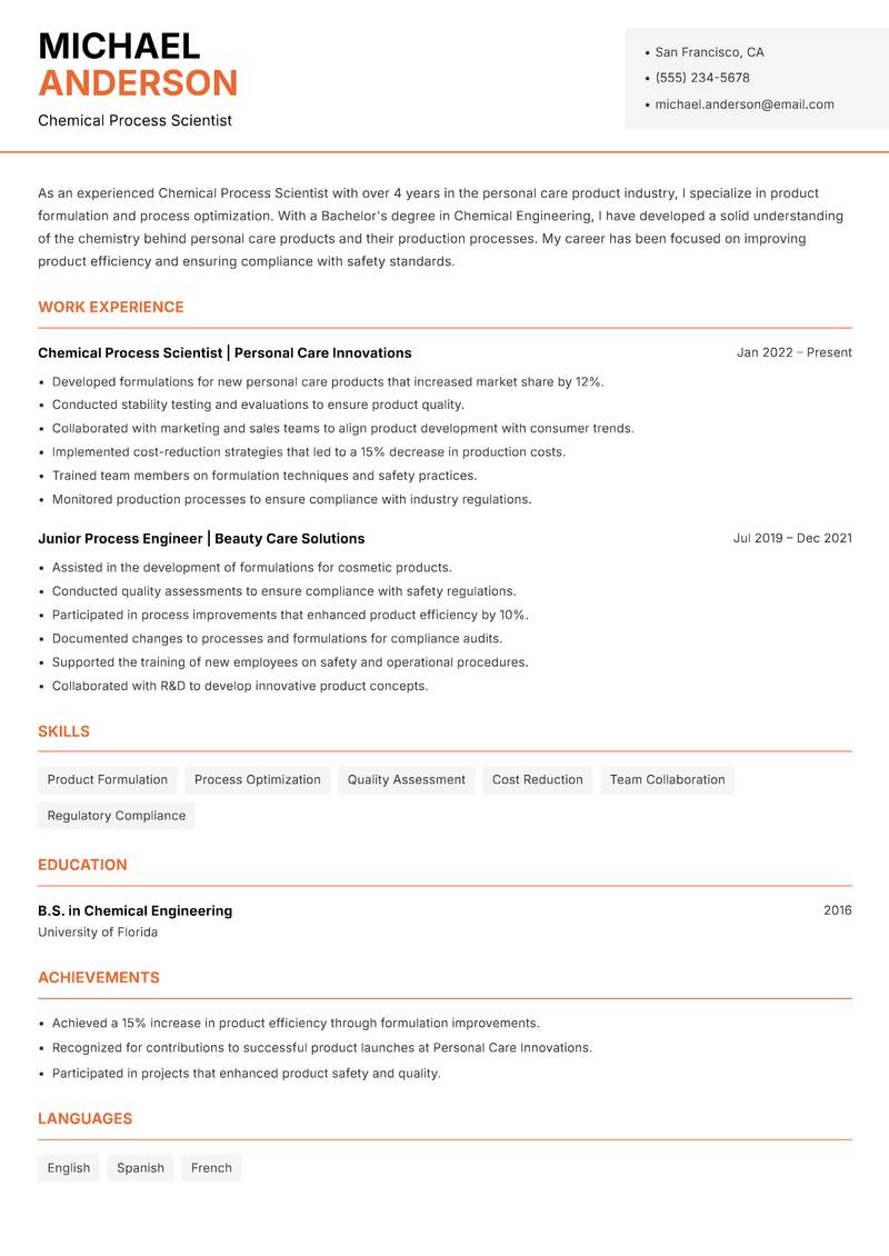 Chemical Process Scientist Resume Template