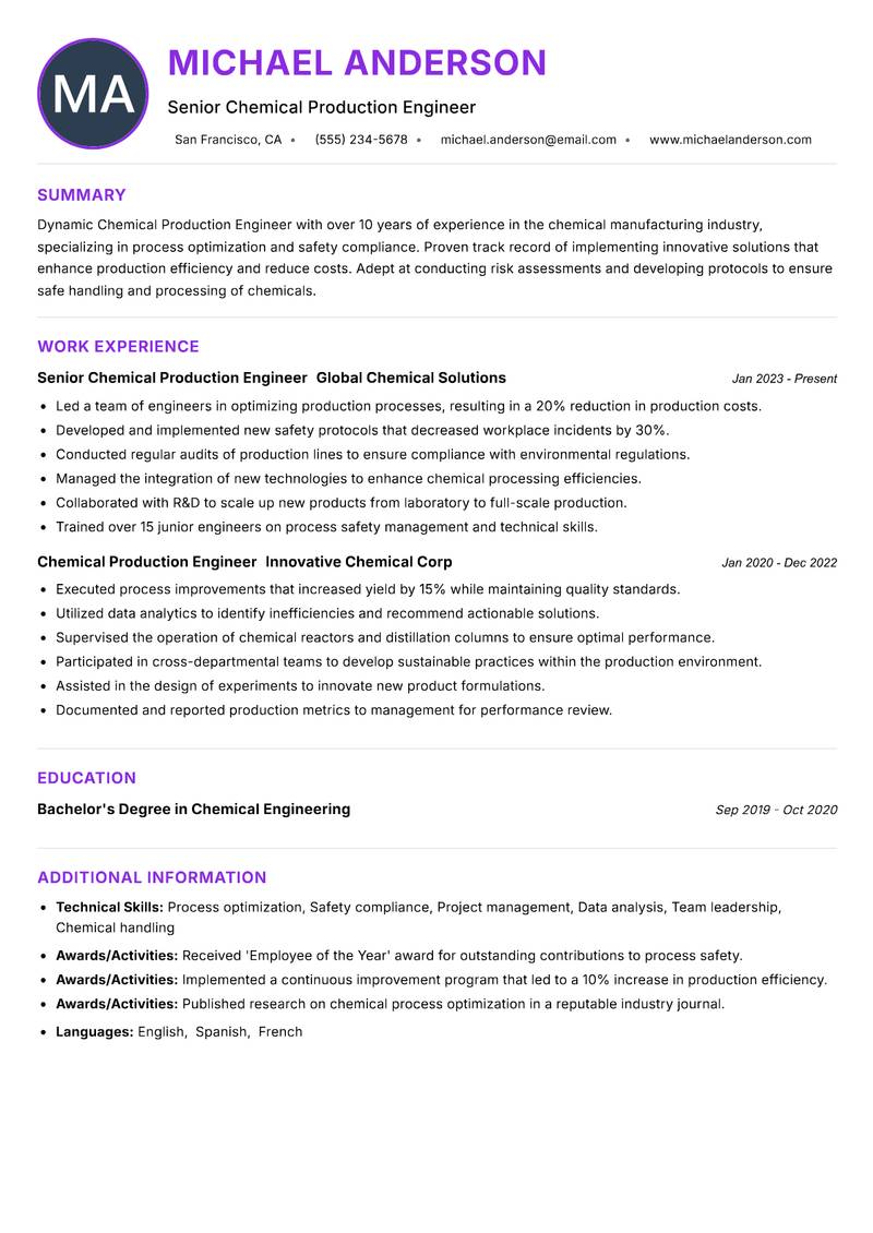 Chemical Production Engineer Resume Preview Example