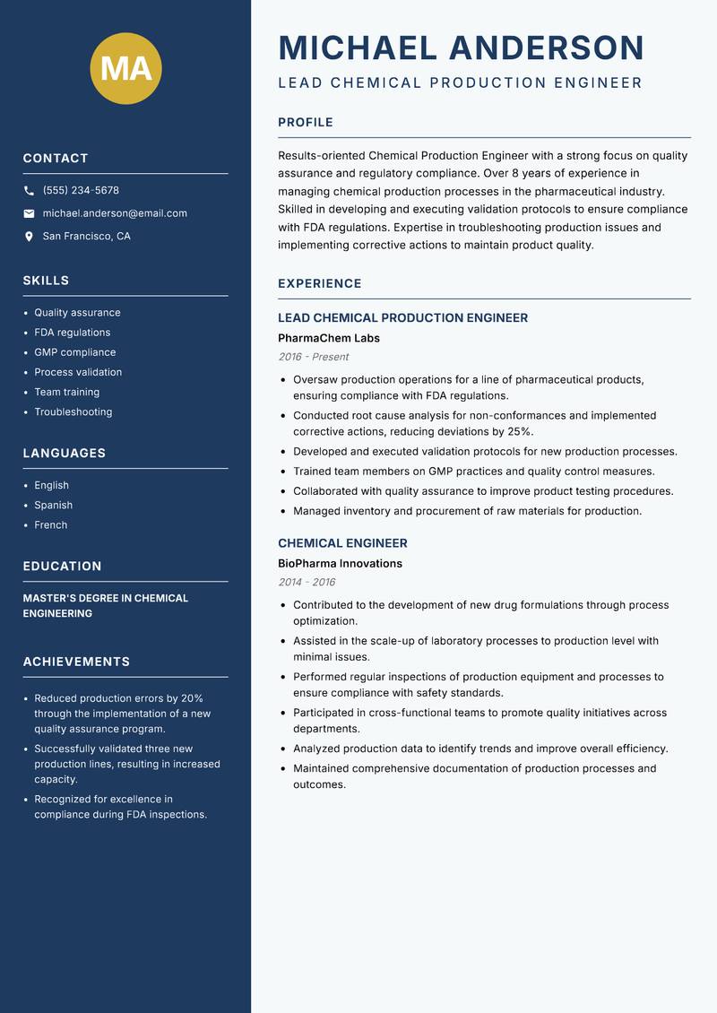 Chemical Production Engineer Resume Preview Example