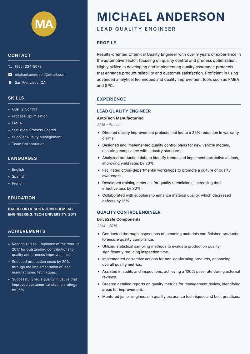 Chemical Quality Engineer Resume Preview Example