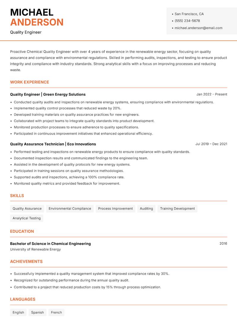 Chemical Quality Engineer Resume Template