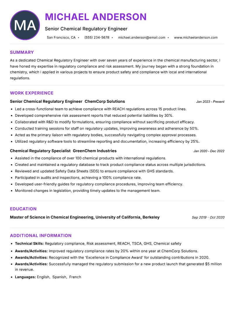 Chemical Regulatory Engineer Resume Preview Example