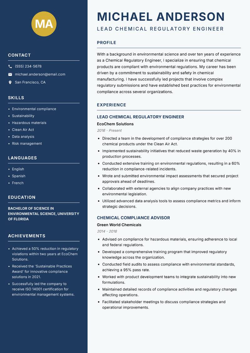 Chemical Regulatory Engineer Resume Preview Example