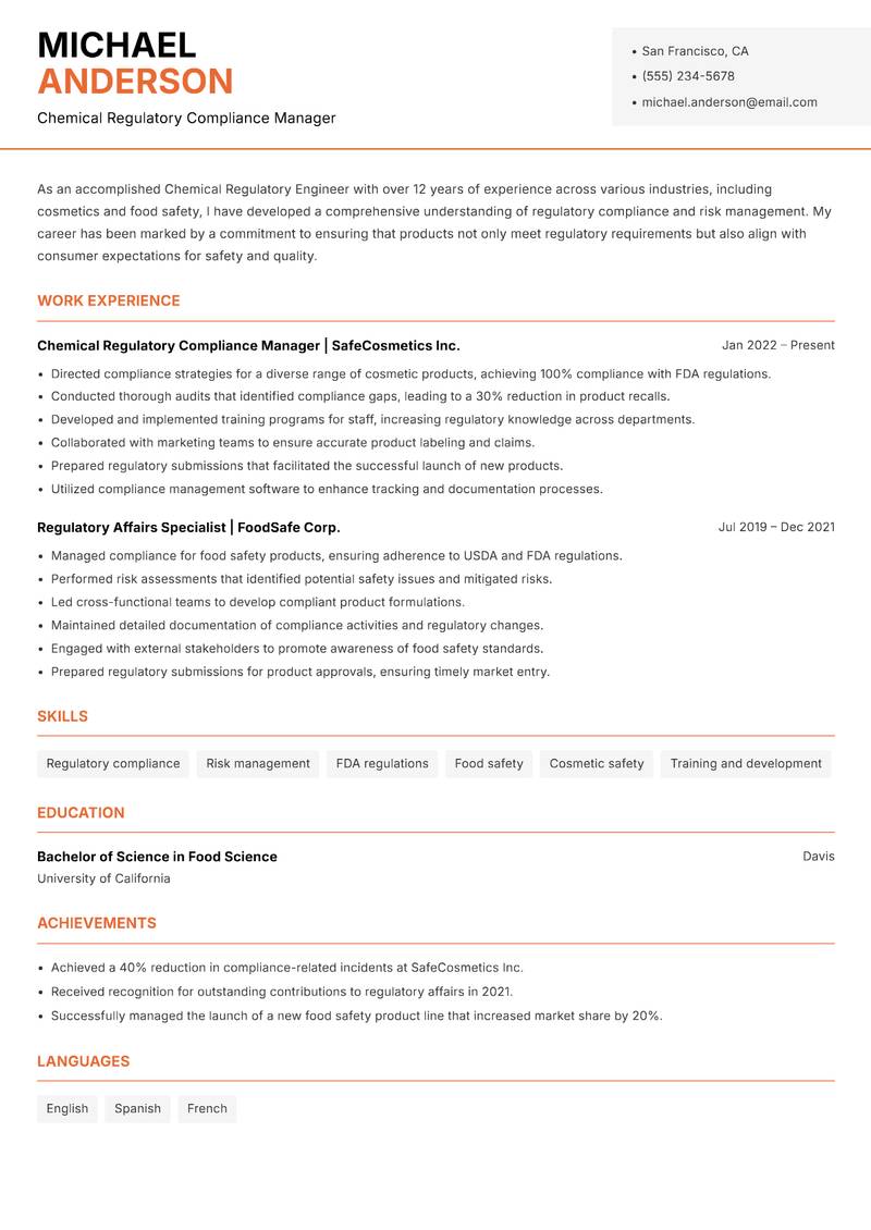 Chemical Regulatory Engineer Resume Template