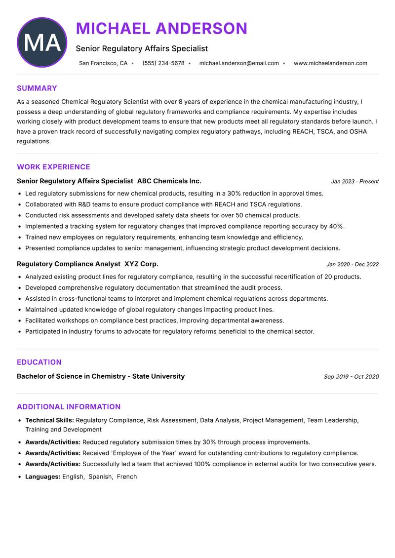 Chemical Regulatory Scientist Resume Preview Example