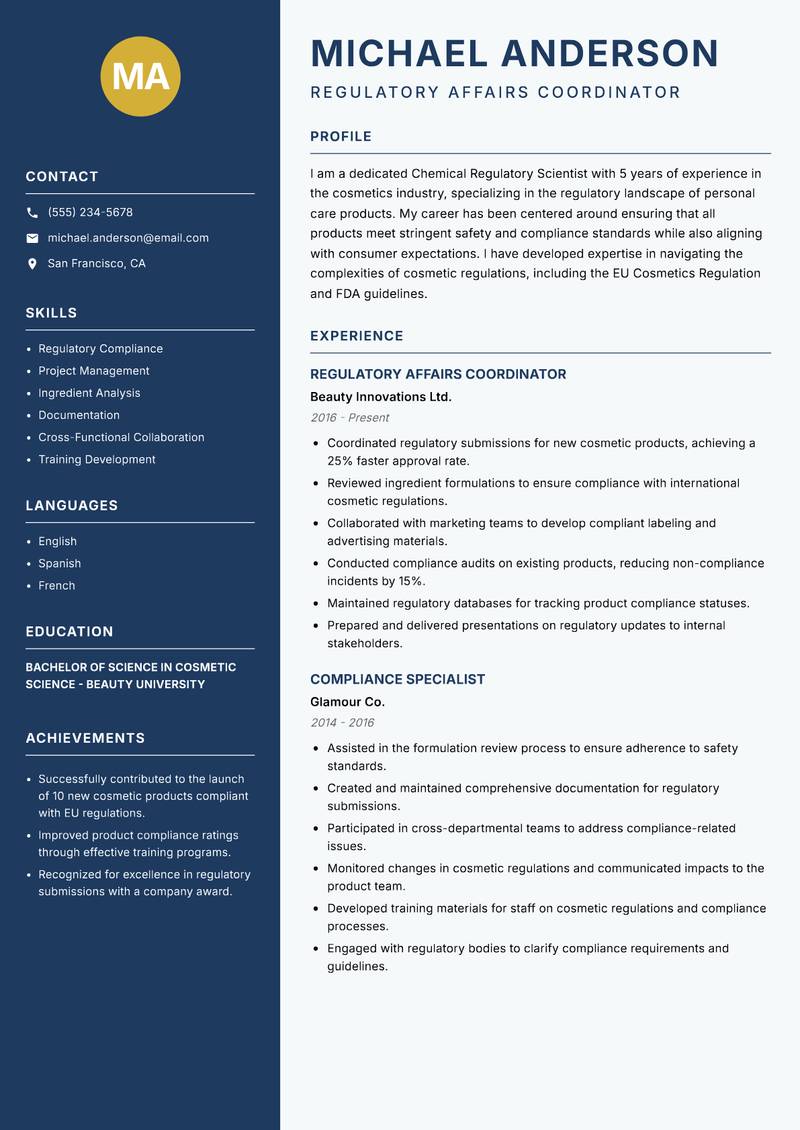 Chemical Regulatory Scientist Resume Preview Example