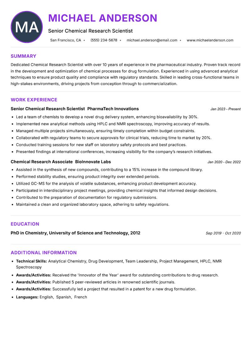Chemical Research Scientist Resume Preview Example