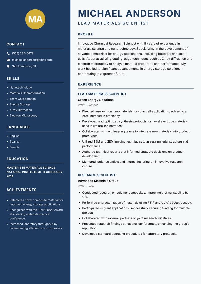 Chemical Research Scientist Resume Preview Example
