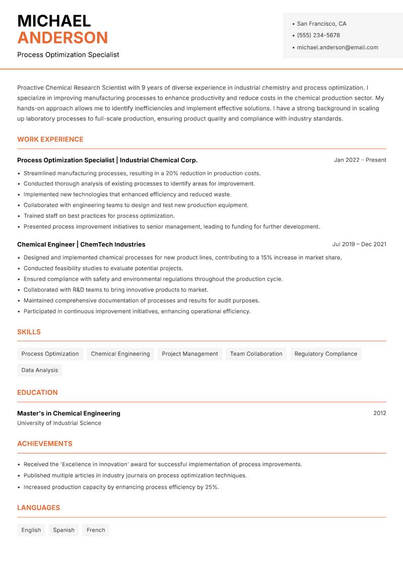 Chemical Research Scientist Resume Template