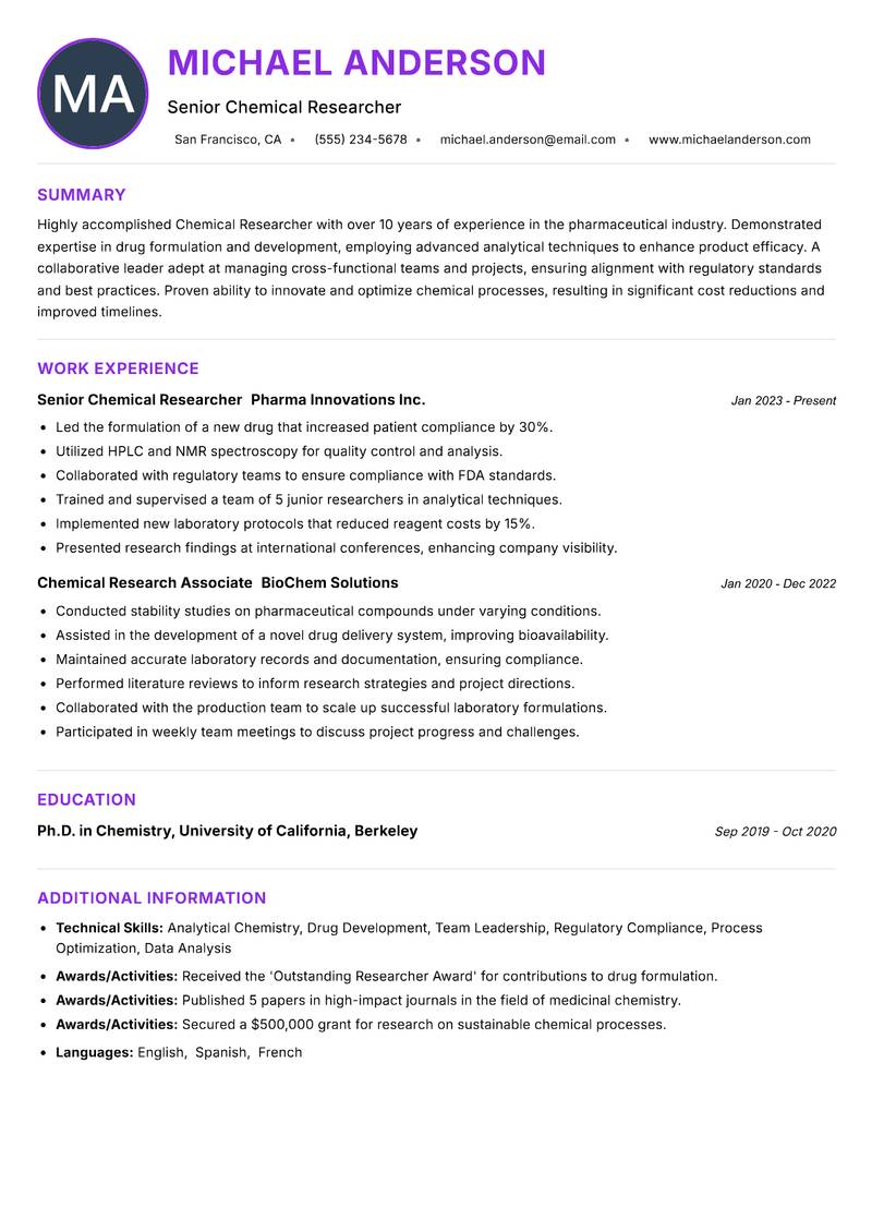 Chemical Researcher Resume Preview Example
