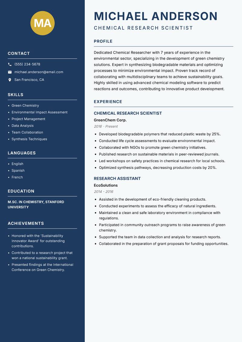 Chemical Researcher Resume Preview Example