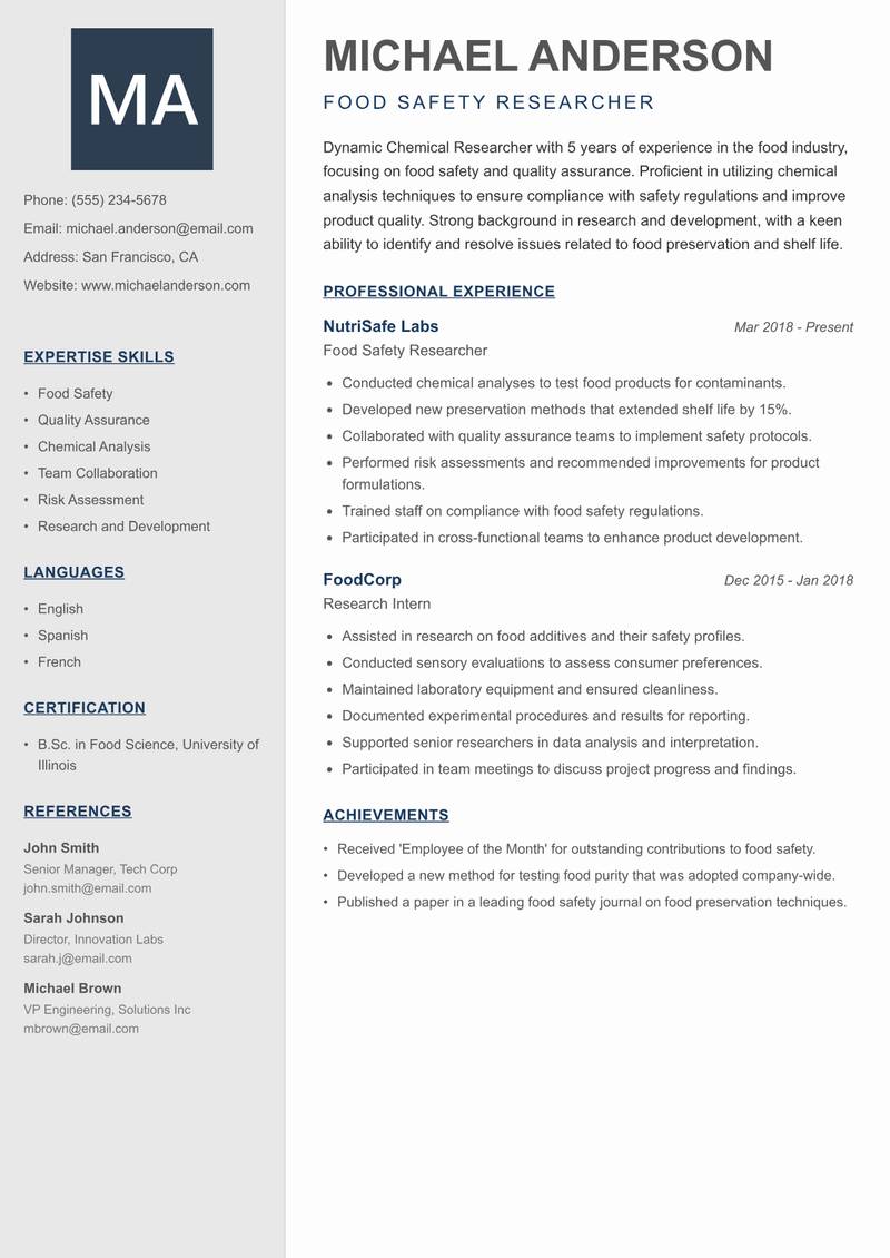 Chemical Researcher Resume Preview Example