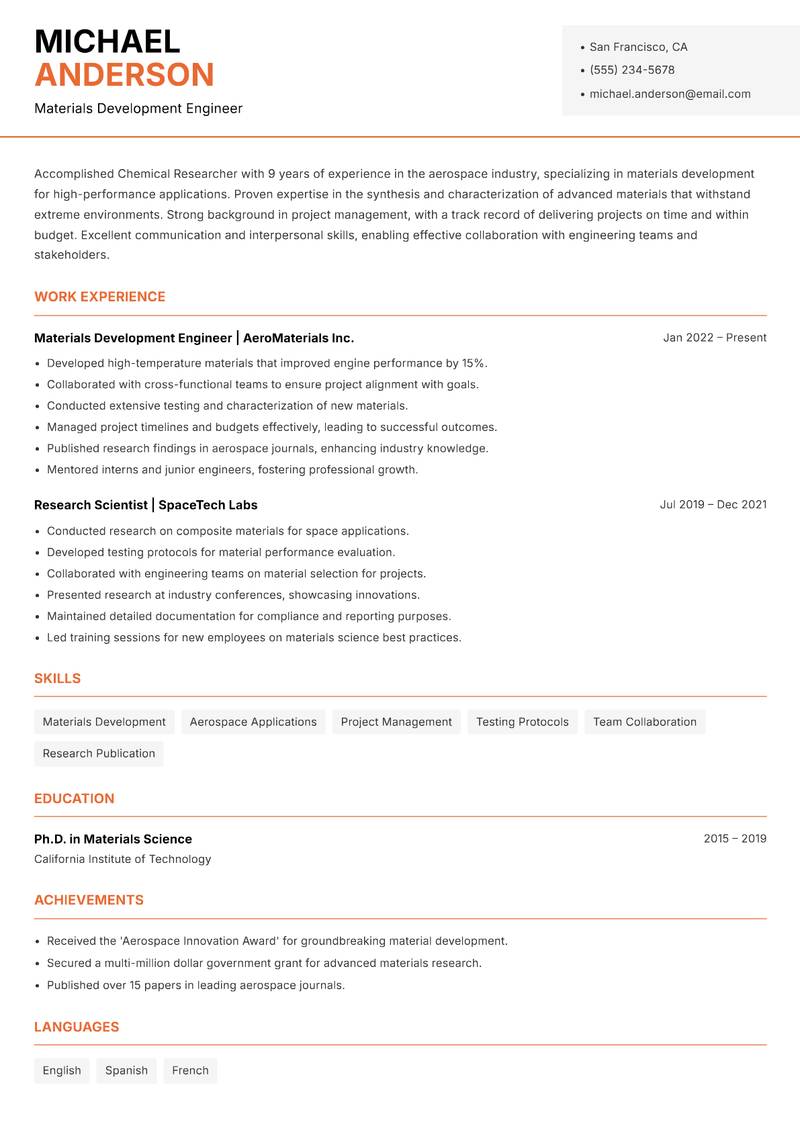 Chemical Researcher Resume Template