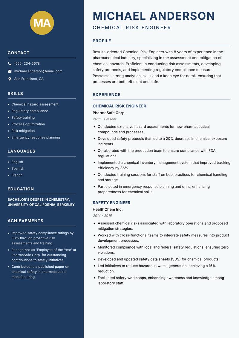 Chemical Risk Engineer Resume Preview Example