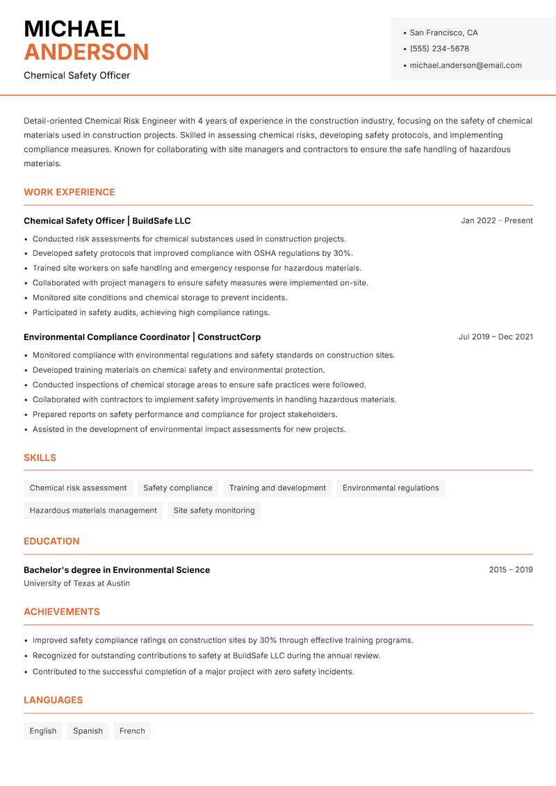 Chemical Risk Engineer Resume Template