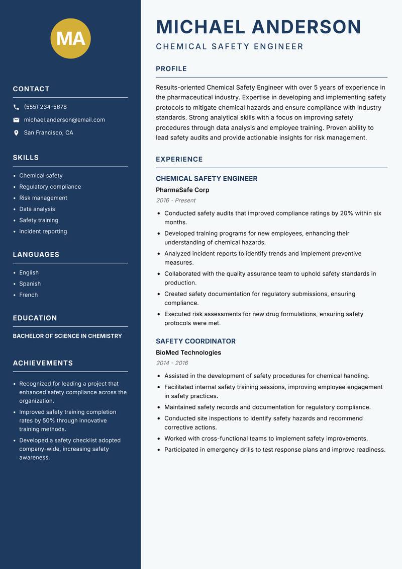 Chemical Safety Engineer Resume Preview Example