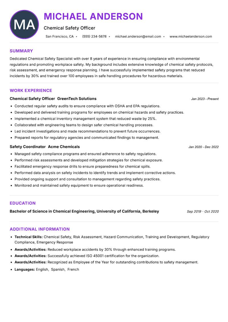 Chemical Safety Specialist Resume Preview Example