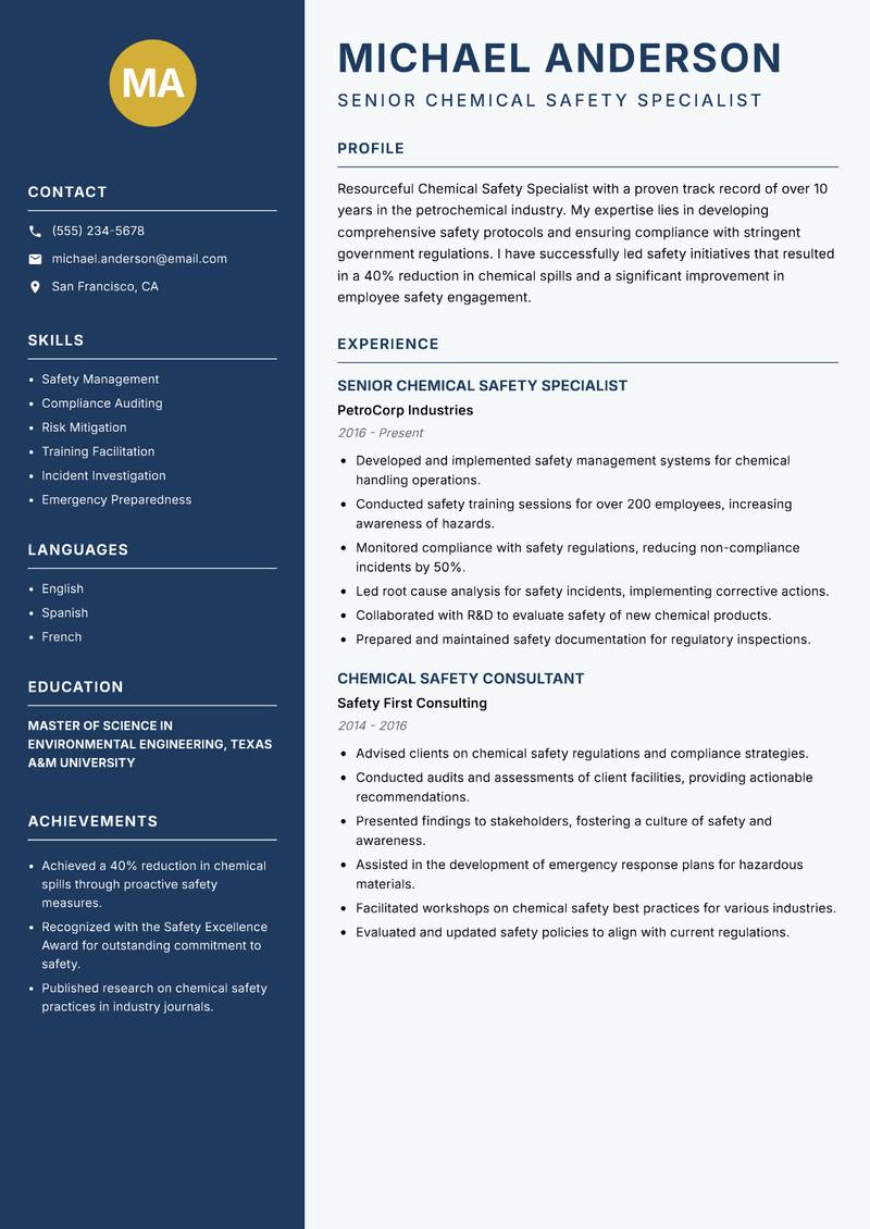 Chemical Safety Specialist Resume Preview Example
