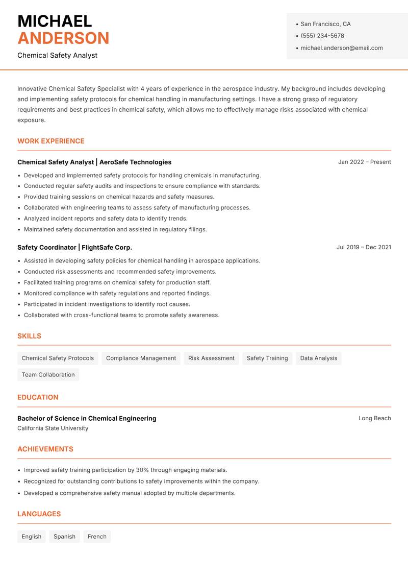 Chemical Safety Specialist Resume Template